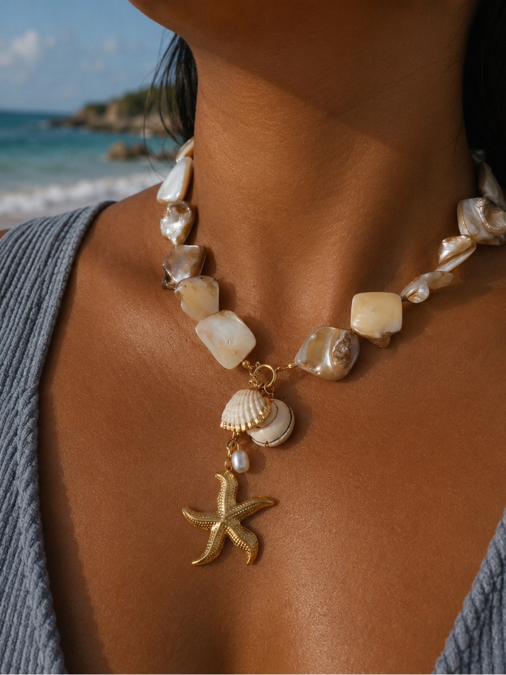 Gold Starfish & Mother-of-Pearl Charm Necklace in White and Gold